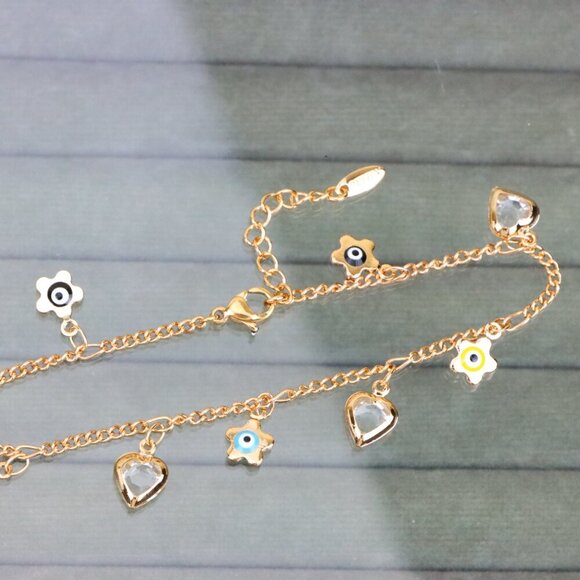 "Evil Eye Flower & Heart Charm Rose Gold Anklet, XPAL1190 - Picture 12 of 12